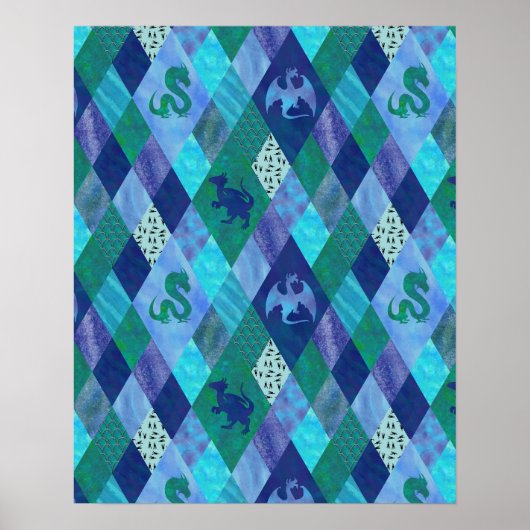 Waterverf Patchwork Dragon in Blue and Green Tape Poster (Voorkant)