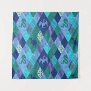 Waterverf Patchwork Dragon in Blue en Green Wandkleed