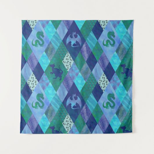Waterverf Patchwork Dragon in Blue en Green Wandkleed (Voorkant)