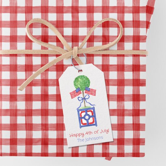Waterverf Patriottische Amerikaanse vlag Topiary Cadeaulabel