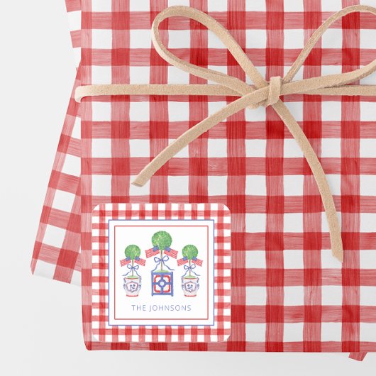 Waterverf Patriottische Amerikaanse vlag Topiary G Vierkante Sticker