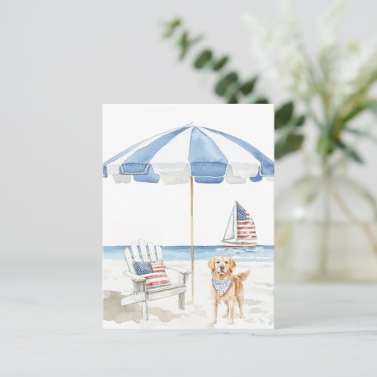 Waterverf Patriottische Hond Americana Beach Scene Briefkaart (Staand voorkant)