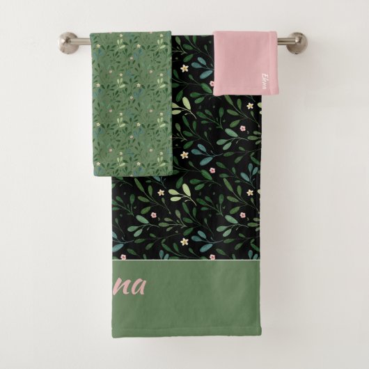 Waterverf Patroon Groen Blad Naam Roze Badhanddoek Bad Handdoek (Insitu)