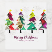 Waterverf Patroon Kerstbomen Wijn Etiket (Enkel label)