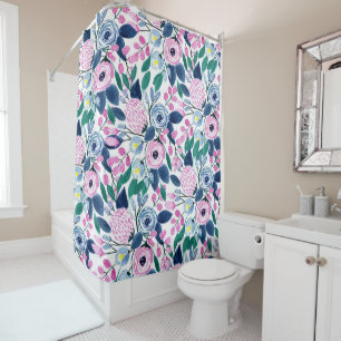 Waterverf patroon van de zoete roze Navy Flowers Douchegordijn