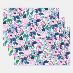 Waterverf patroon van de zoete roze Navy Flowers Inpakpapier Vel