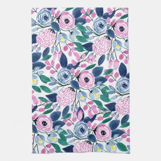 Waterverf patroon van de zoete roze Navy Flowers Theedoek (Verticaal)