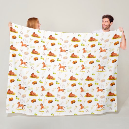 Waterverf Patroonpaarden Hoefijzers Hay Apples Fleece Deken (In situ)