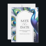 Waterverf pauw bewaar de datum bruiloft save the date<br><div class="desc">Begin aan je huwelijksavontuur met onze boeiende rustieke save the date-kaarten, zorgvuldig gemaakt om het begin van je romantische verhaal te delen. Met elegante waterverf pauwen, elke uitnodiging toont elegant de namen van de bruid en bruidegom in zijn ontwerp. Op de achterkant dient een uniek veerpatroon als een bewijs van...</div>