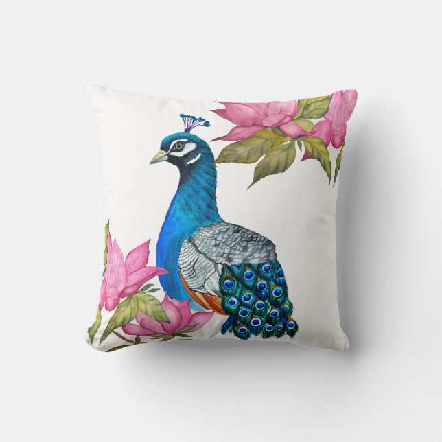 Waterverf pauw kussen (Voorkant)
