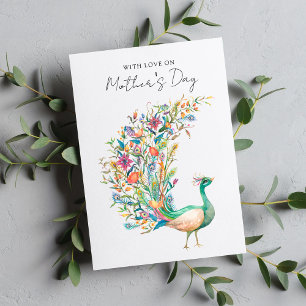 Waterverf pauw met liefde op Moederdag Feestdagenkaart