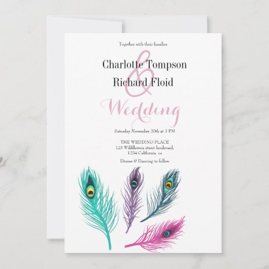 Waterverf pauw veren bruiloft kaart (Voorkant)