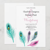 Waterverf pauw veren bruiloft kaart (Voorkant / Achterkant)