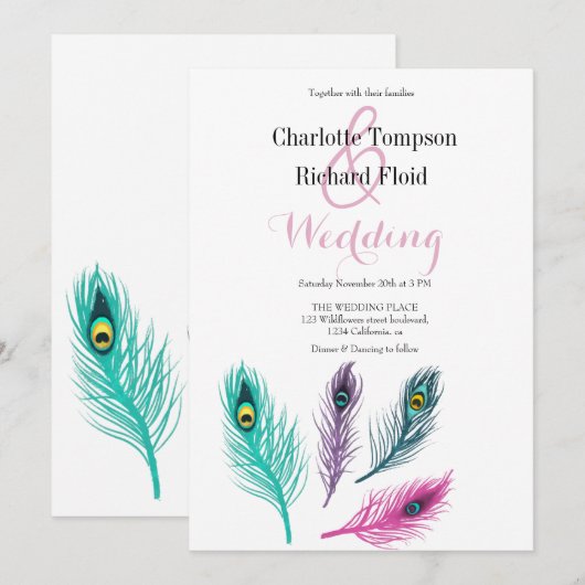 Waterverf pauw veren bruiloft kaart (Voorkant / Achterkant)