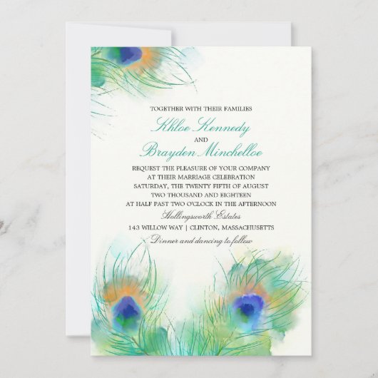 Waterverf pauw veren bruiloft kaart (Voorkant)