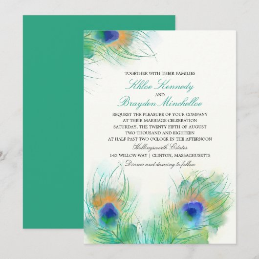 Waterverf pauw veren bruiloft kaart (Voorkant / Achterkant)