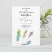 Waterverf pauw veren bruiloft kaart (Staand voorkant)