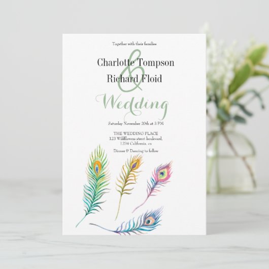 Waterverf pauw veren bruiloft kaart (Staand voorkant)