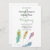 Waterverf pauw veren bruiloft kaart (Voorkant / Achterkant)