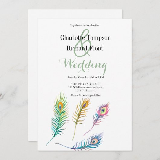 Waterverf pauw veren bruiloft kaart (Voorkant / Achterkant)