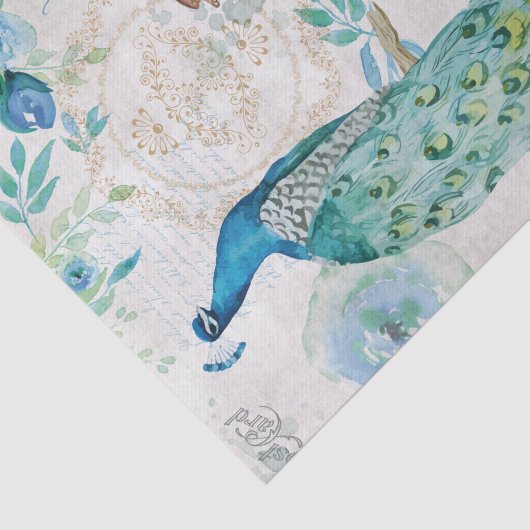 Waterverf pauw, vlinders & blauwe bloemen tissuepapier (Detail)