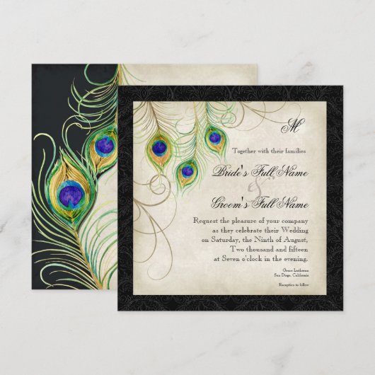Waterverf pauwenveer zwart damast uitnodigen kaart (Voorkant / Achterkant)