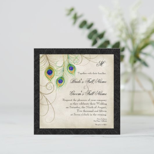 Waterverf pauwenveer zwart damast uitnodigen kaart (Staand voorkant)