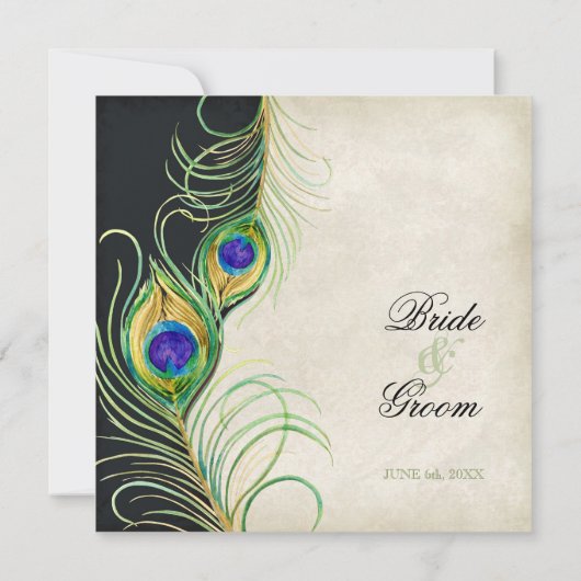 Waterverf pauwenveer zwart damast uitnodigen kaart (Achterkant)