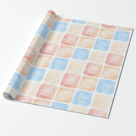Waterverf Paw Prints & Harten in Dozen Cadeaupapier (Uitgerold)