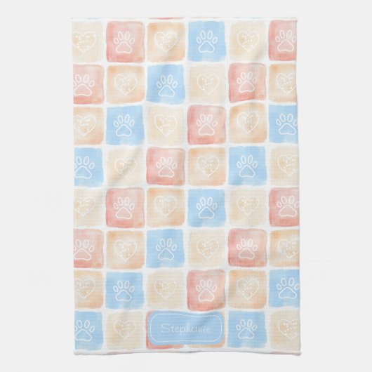 Waterverf Paw Prints & Harten in Dozen Theedoek (Verticaal)