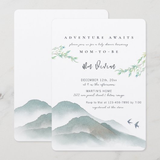 Waterverf Peaceful Woodland Mountain Baby shower Kaart (Voorkant / Achterkant)