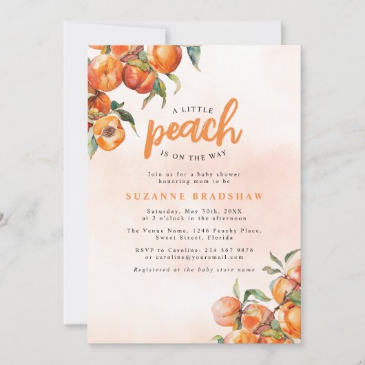 Waterverf Peach Baby shower Invitation Kaart (Voorkant)