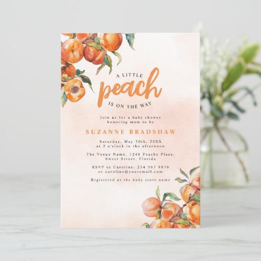 Waterverf Peach Baby shower Invitation Kaart (Staand voorkant)