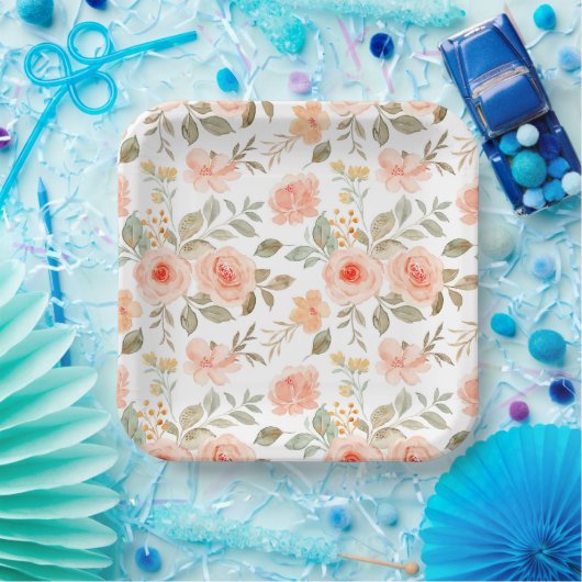 Waterverf Peach Bloemen Verjaardagsdouche Party Papieren Bordje (Feest)