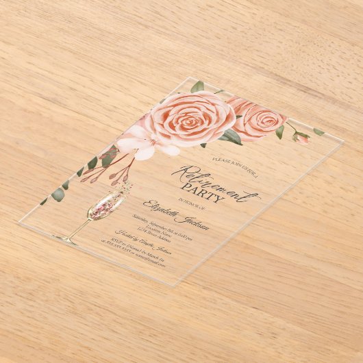Waterverf Peach Blush Flower Champagne Pensioen Acryl Uitnodigingen (Laagn)