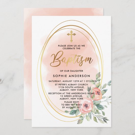 Waterverf Peach en Gold Girl Baptisme Kaart (Voorkant / Achterkant)