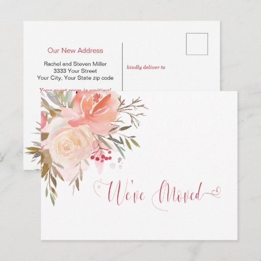 Waterverf Peach en Pink We've Moved aangekondigd Briefkaart (Voorkant / Achterkant)