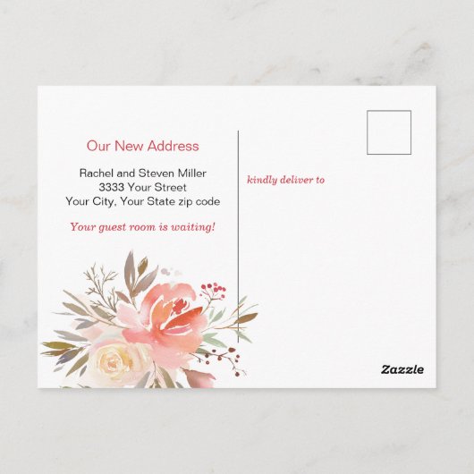 Waterverf Peach en Pink We've Moved aangekondigd Briefkaart (Achterkant)
