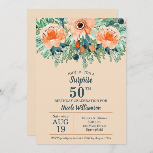 Waterverf Peach Floral 50th Birthday Invitations (Voorkant / Achterkant)