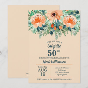 Waterverf Peach Floral 50th Birthday Invitations
