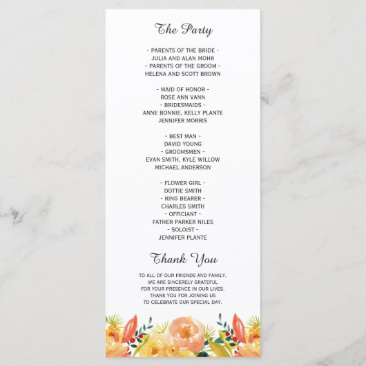Waterverf Peach Floral Chic Fall Wedding Programme Programmakaart (Achterkant)