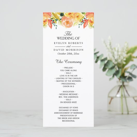 Waterverf Peach Floral Chic Fall Wedding Programme Programmakaart (Staand voorkant)