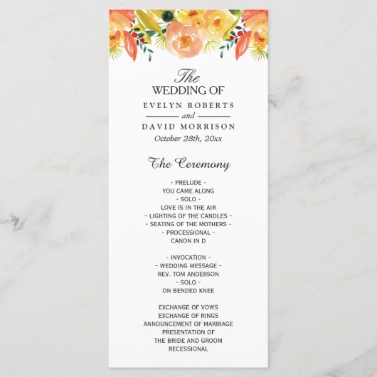 Waterverf Peach Floral Chic Fall Wedding Programme Programmakaart (Voorkant)