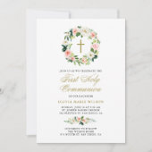 Waterverf Peach Floral First Heilige Communie Kaart (Voorkant)