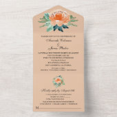 Waterverf Peach Floral Wedding All In One Uitnodiging (Binnen)