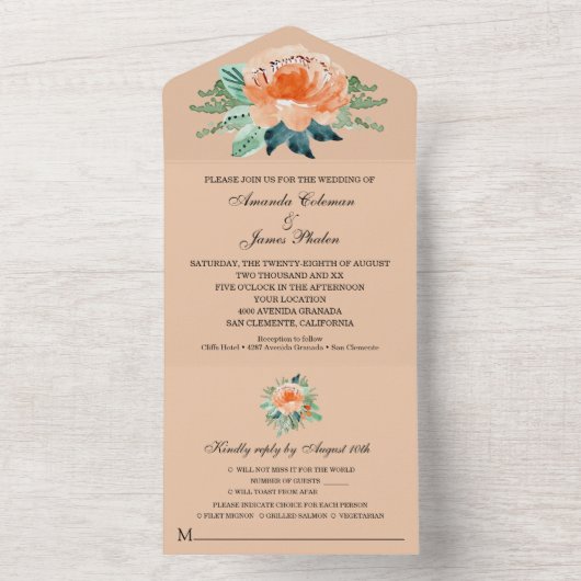 Waterverf Peach Floral Wedding All In One Uitnodiging (Binnen)