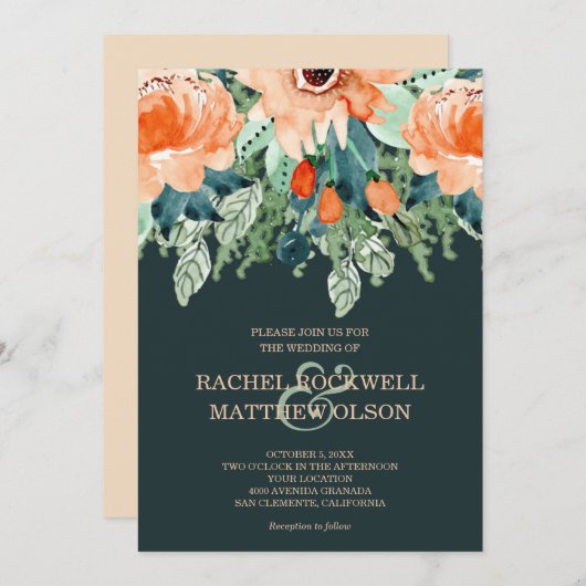 Waterverf Peach Floral Wedding Kaart (Voorkant / Achterkant)