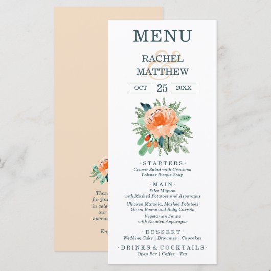 Waterverf Peach Floral Wedding Menu (Voorkant / Achterkant)