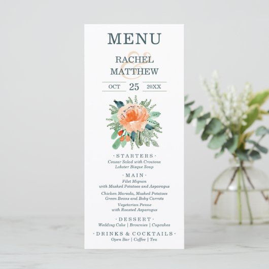 Waterverf Peach Floral Wedding Menu (Staand voorkant)