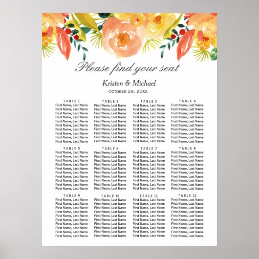 Waterverf Peach Floral Wedding Seating Chart Poster (Voorkant)